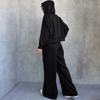 Pull à capuche gaufré décontracté pour femmes, ensemble deux pièces, taille haute, jambes larges, pantalon