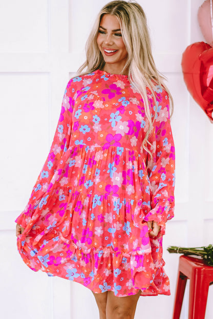 Robe babydoll multicolore à volants et manches bouffantes à fleurs