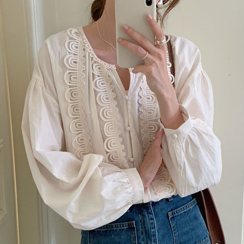 French Simple Round Neck Patchwork Cut Out Lace Shirt