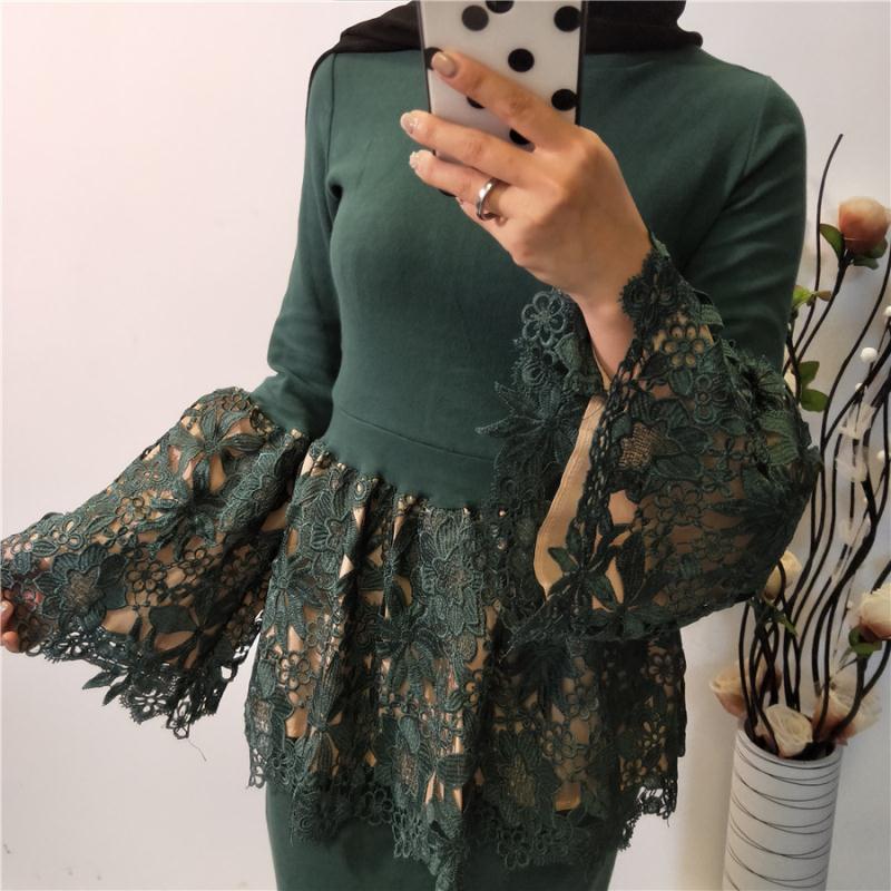 European And American Fashion Plus Size Bell Sleeve Lace Shirt Patchwork Stand-up Collar Short Top For Women