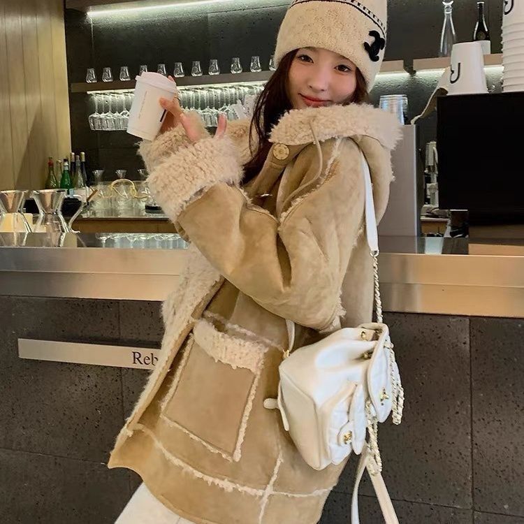 Hooded Suede Fur Lamb Warm Leisure Slimming Coat