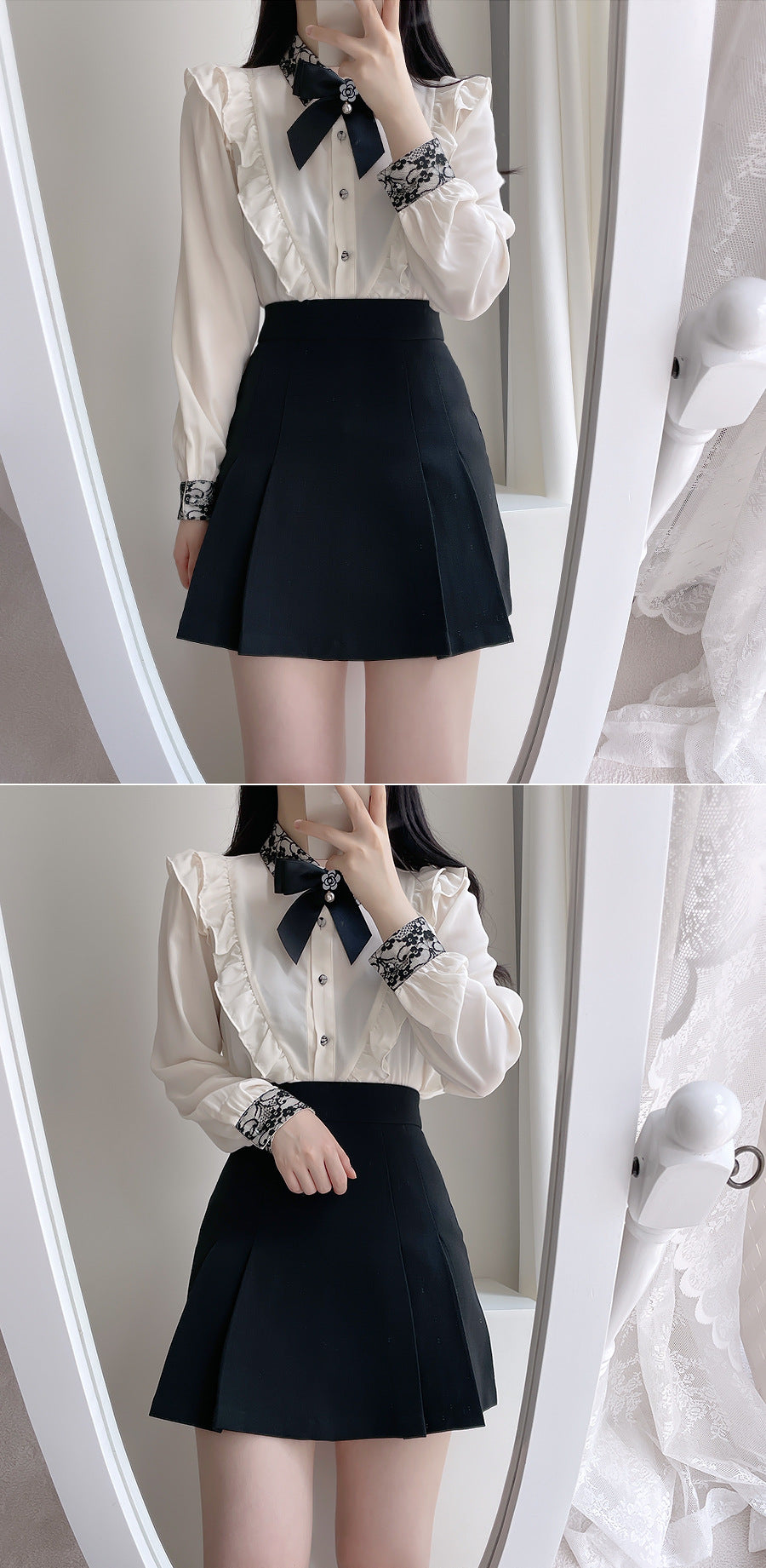 Bow Lace White Shirt Women's Long-sleeved Top