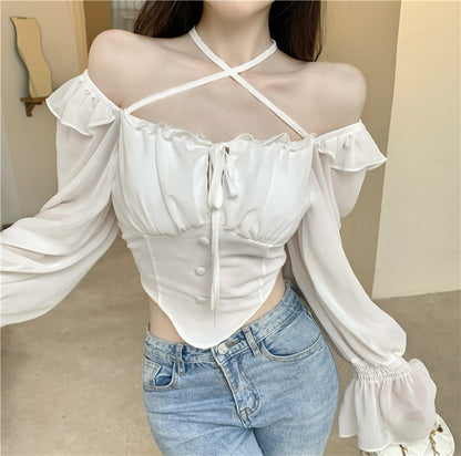 One Line Neck Long Sleeved Ruffled Chiffon Shirt