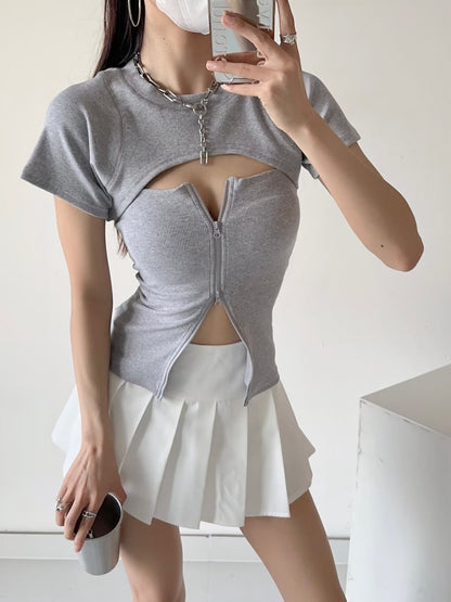 Women's Slim-fit Zipper Tube Top Short Sleeve Small Waistcoat Top