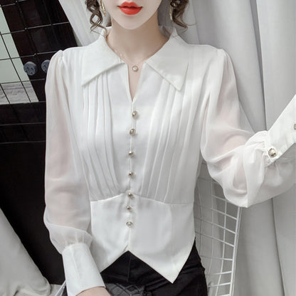 Chiffon Long Sleeve Shirt Ladies Casual Single Breasted Pleated Lapel Semi