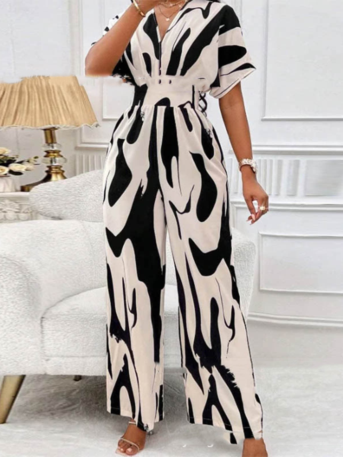 V-neck Loose Printed Long Jumpsuit