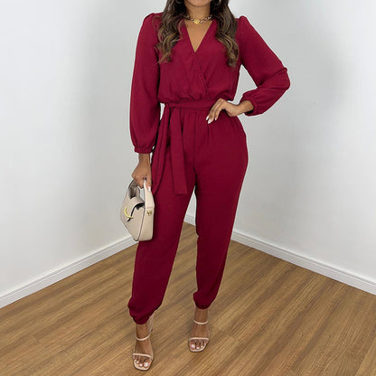 Women's Fashionable Elegant V-neck Solid Color Long Sleeve High Waist Cropped Jumpsuit