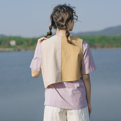 Gilet ample sans manches avec poches color block, vêtements de travail pour femmes