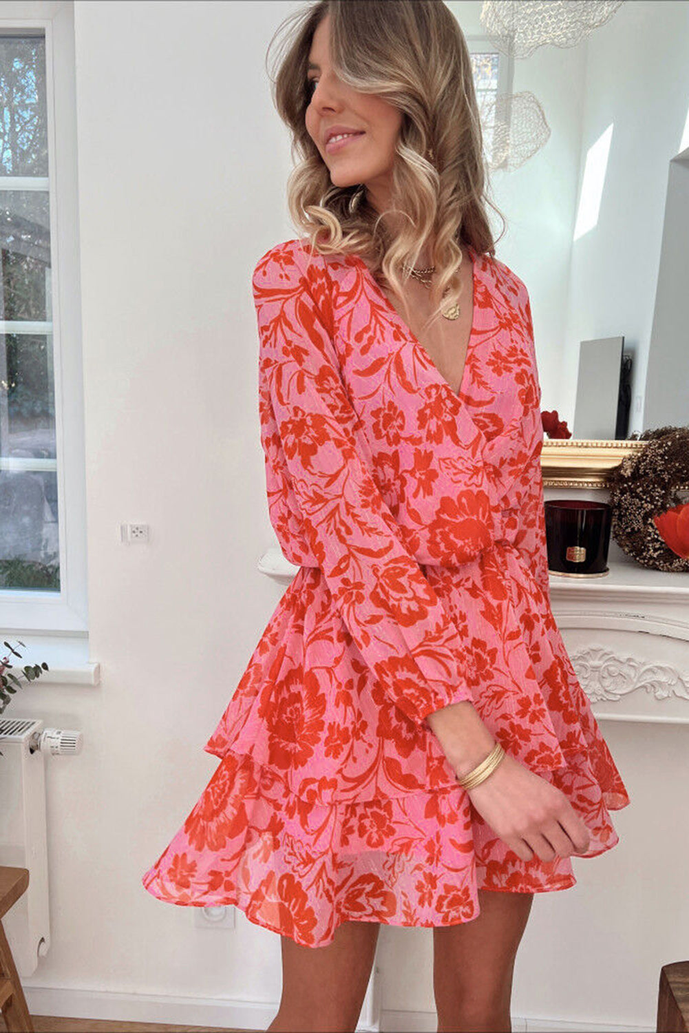 Fiery Red Floral Ruffle Layered Puff Sleeve Surplice Dress