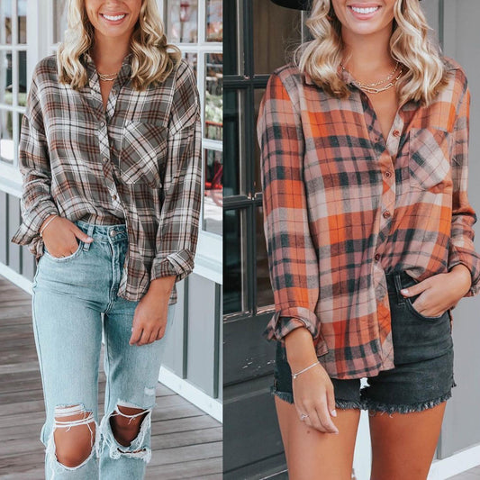 Women's Fashion Plaid Printed Long Sleeve Shirt