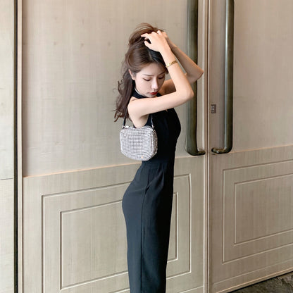 Temperament High-waisted Draped Black Neck Jumpsuit