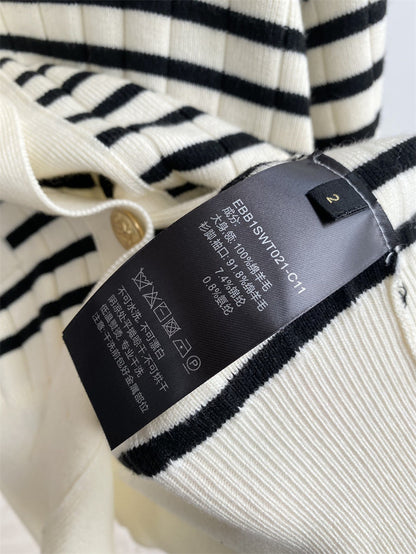 Polo Collar Stripes Cardigan Polo Collar Long Sleeve Knitted Coat