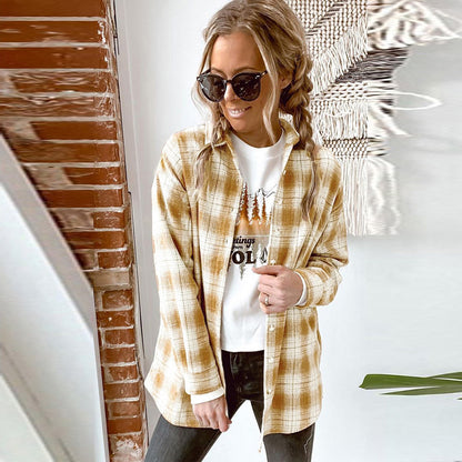 Women's New Plaid Print Buttoned Long-sleeved Shirt