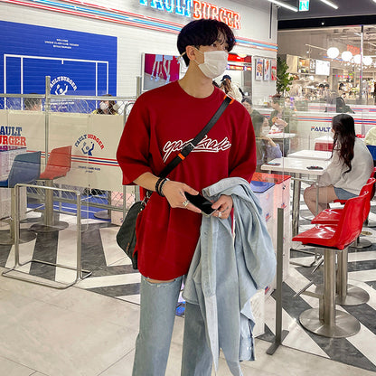 Camiseta de pareja de media manga con bordado de letras de algodón y cuello redondo