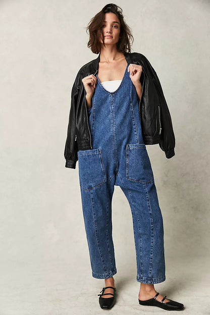 Pantalon une pièce en Denim lavé à col en v, européen et américain, réglable, automne et hiver