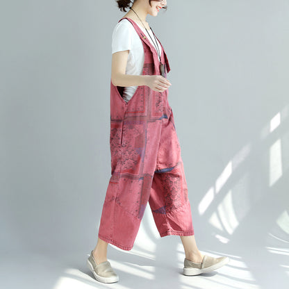 Printed Distressed Cropped Stitching Denim Suspender Pants