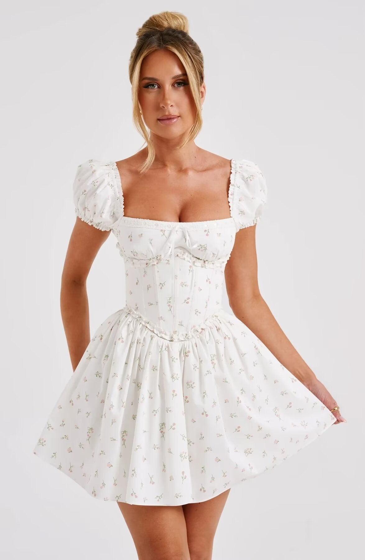 Robe en dentelle imprimée à manches bulles pour femmes, nouvelle collection