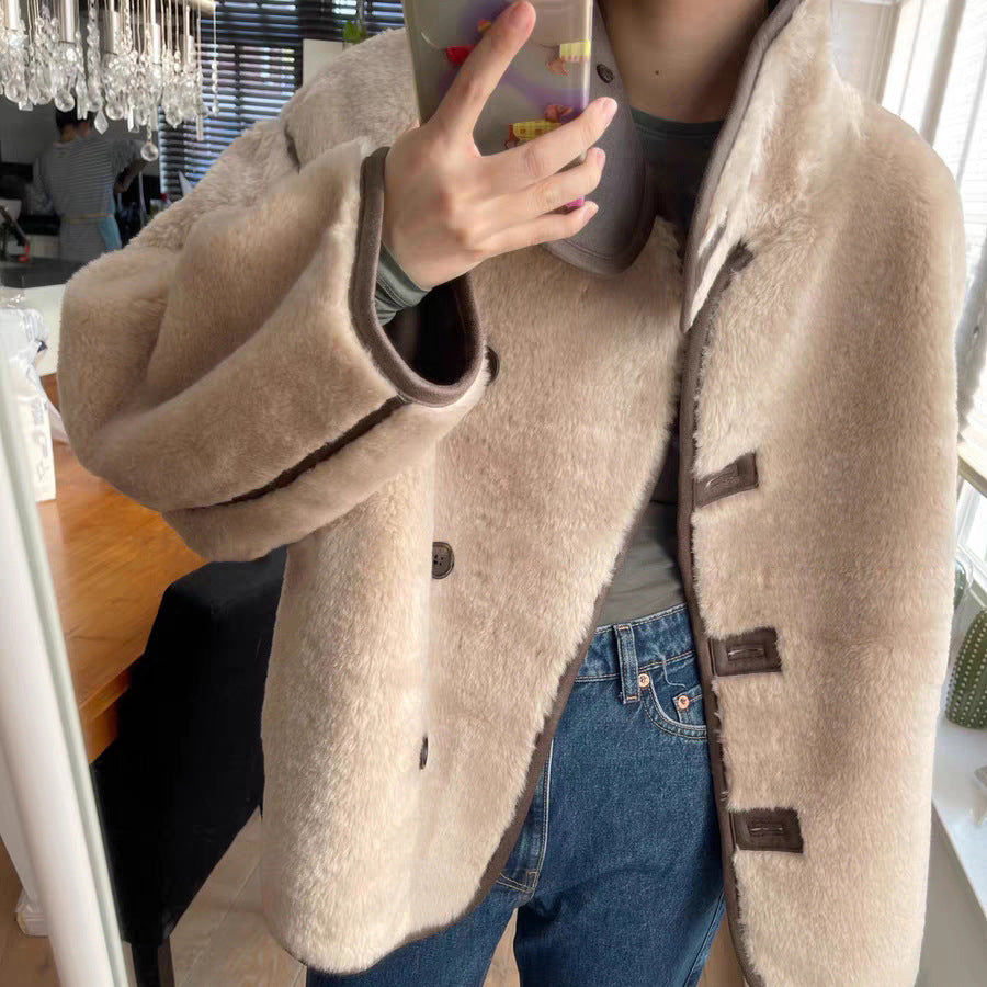 Lamb Wool Loose Stand Collar Long Sleeve