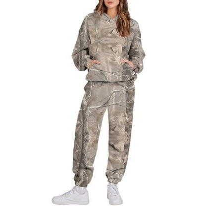 Women's 3 Camouflage Leaves Sports Hooded Long Sleeve Sweatshirt And Sweatpants Sets