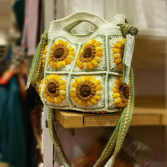 Bolso bandolera de lana de ganchillo para mujer, de doble uso, tejido a mano con girasoles