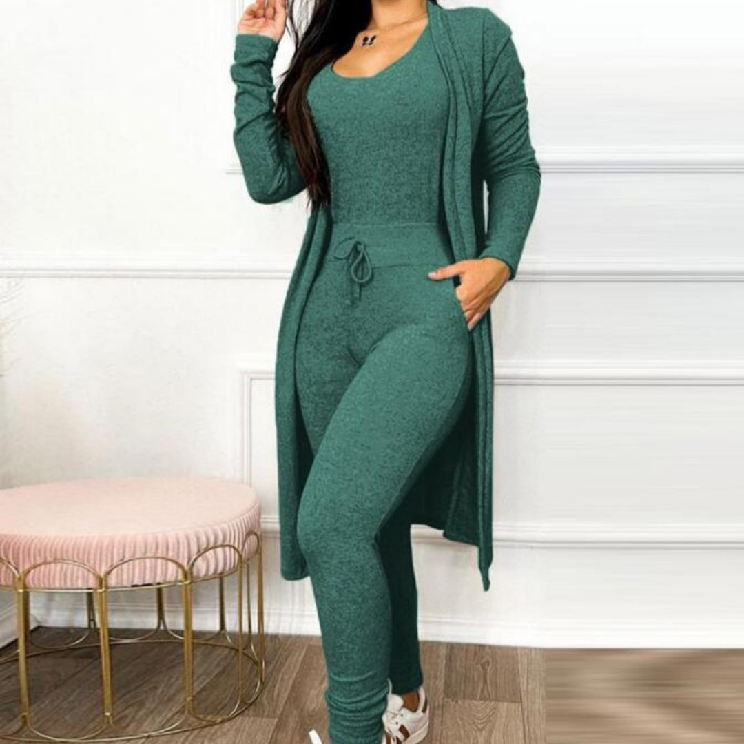 Women's Casual Suit High Waist Slip-on Casual Pants Drawstring Pocket Design Jumpsuit And Cardigan Cover