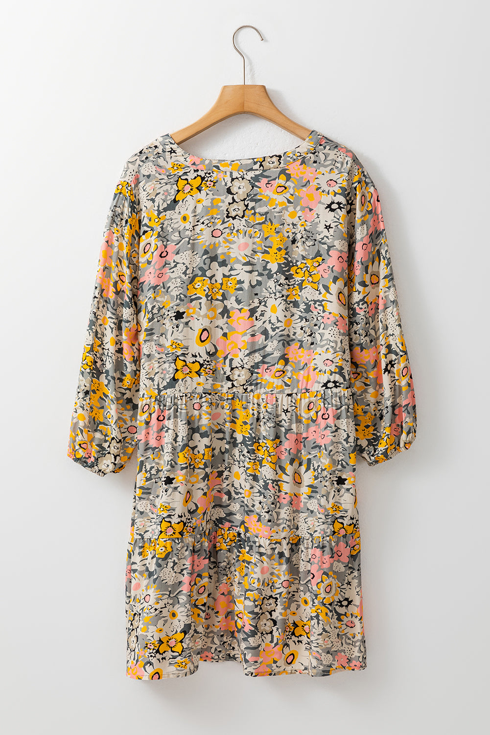 Multicolor Buttoned Crew Neck 3/4 Sleeve Floral Dress