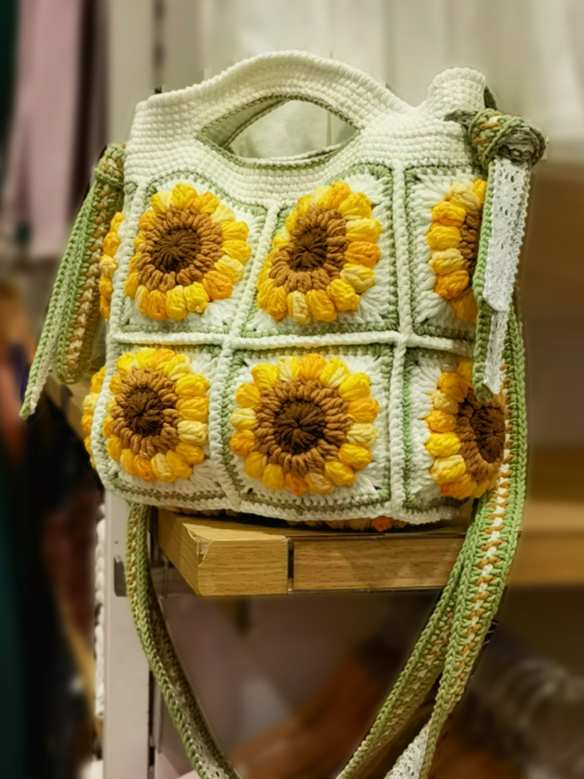 Bolso bandolera de lana de ganchillo para mujer, de doble uso, tejido a mano con girasoles