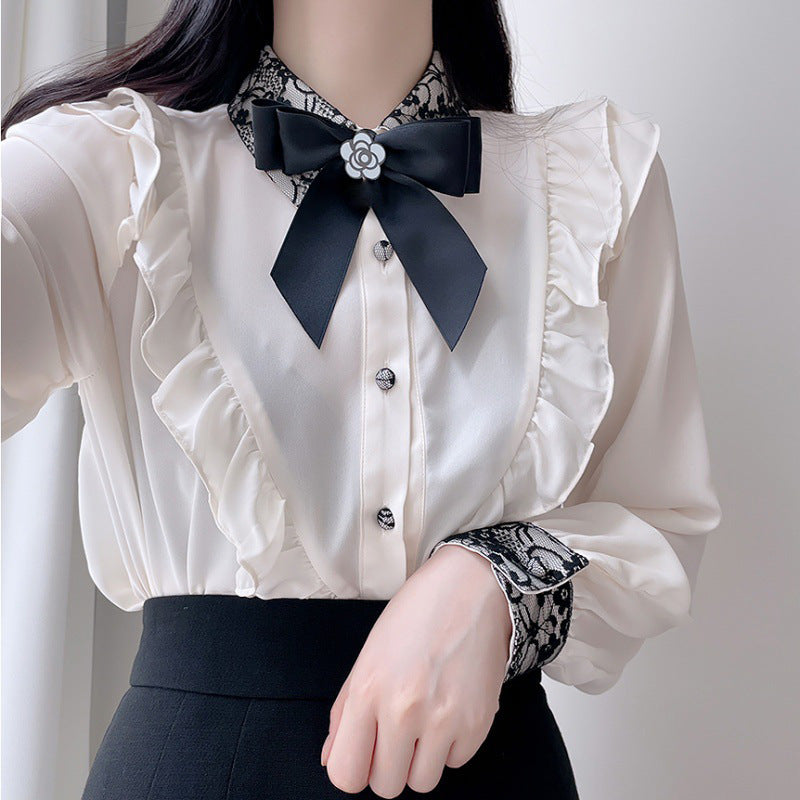 Bow Lace White Shirt Women's Long-sleeved Top