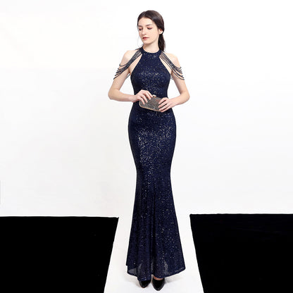 Banquet Temperament Elegant Long Halter Set Diamond Sequined Aura Queen Fishtail Evening Dress