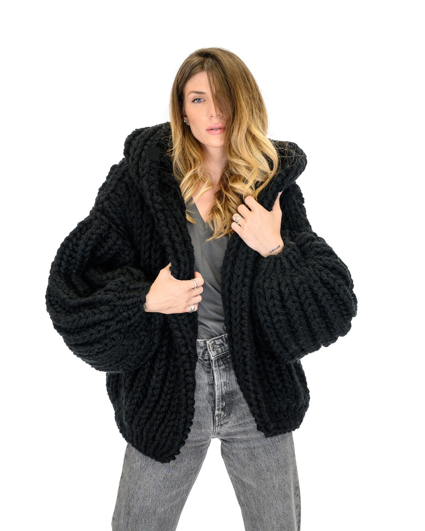 Loose And Hooded Cardigan Coat Handmade Knitting Needle Women's Knitted Sweater