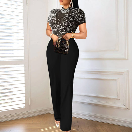 Round Neck Short Sleeve Beaded Jumpsuit Casual