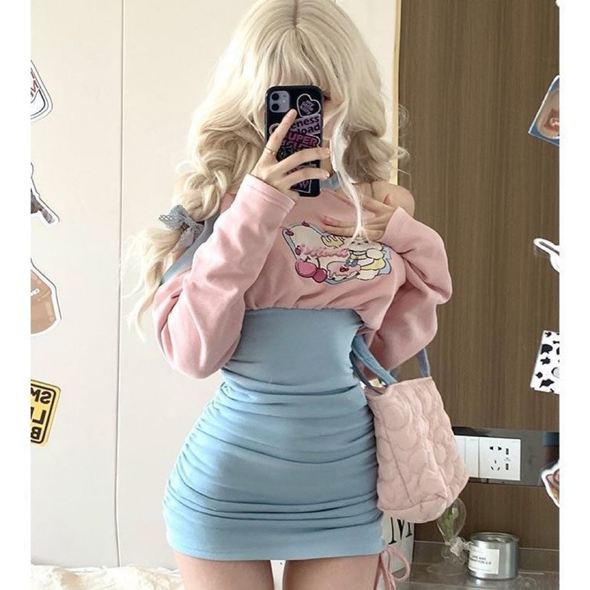 Vestido de cintura adelgazante de manga larga rosa azul para mujer