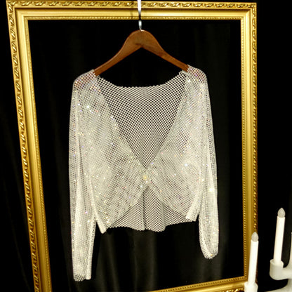 Bright Diamond See Through Hollow Shiny Net Shirt Top Lady Style Outside