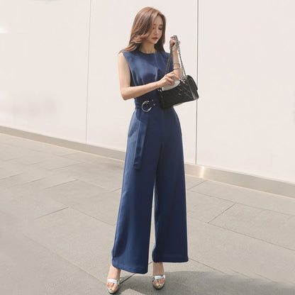 OL Professional Women's Round Neck Short Sleeve Waist Jumpsuit