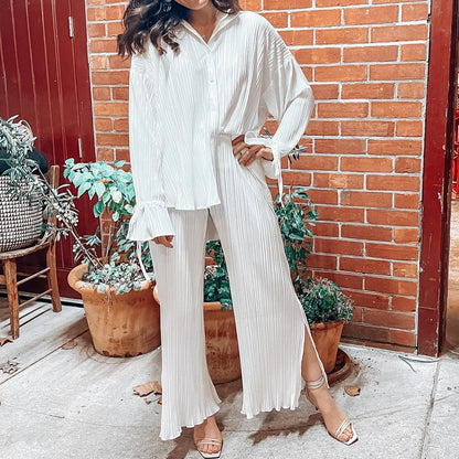 Pleated Shirt Long Sleeve Split Pajamas Two-piece Set