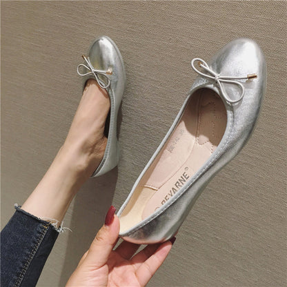 Round Toe Bowknot Low-cut Flat Bottom Pumps Women