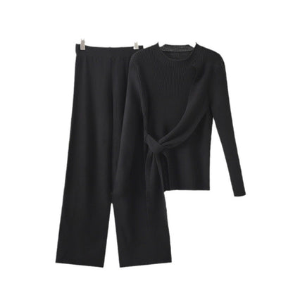 Ensemble deux pièces pull et pantalon à jambes larges tricoté pour femme