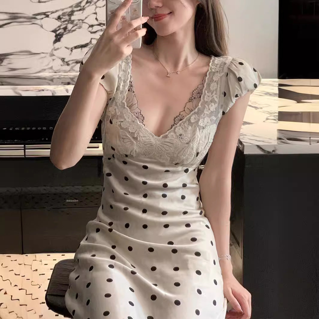 Lace V-neck Polka Dot Dress Women