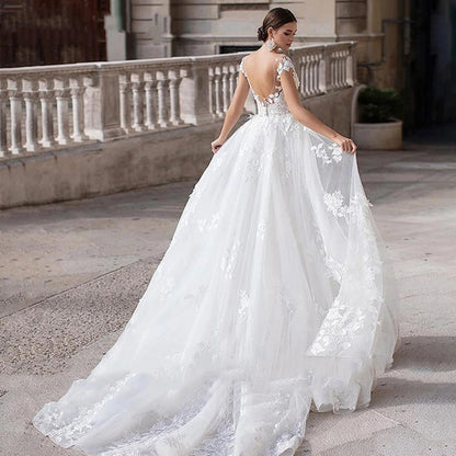 Vestido de novia de cola de novia blanco adelgazante con cuello redondo de ensueño ropa bidireccional actividad Mujer