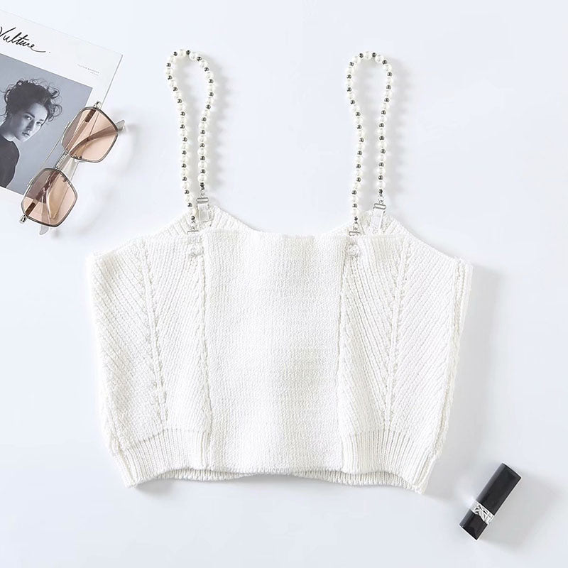 Short Knitted Suspenders All Match Slim Pearl Strap Vest Top