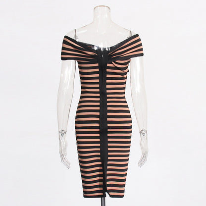 Off-shoulder Striped Mesh Stitching Design Sense Dress