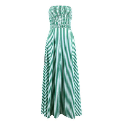 Striped Strapless Dress Pleated High Waist