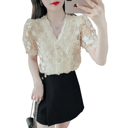 Lace Shirt Three-dimensional Flower V-Neck Puff Sleeve