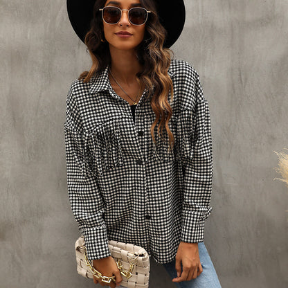 Chemise pied-de-poule à carreaux à la mode automne hiver manches longues pour femmes