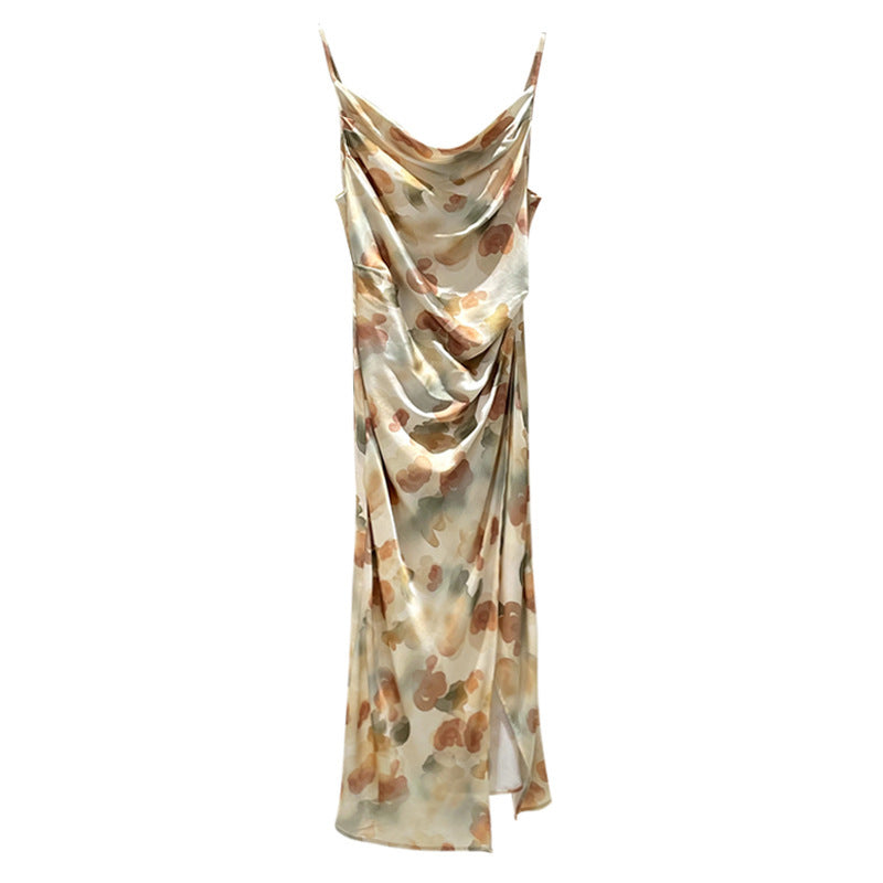 Printed Satin Drape Strap Dress