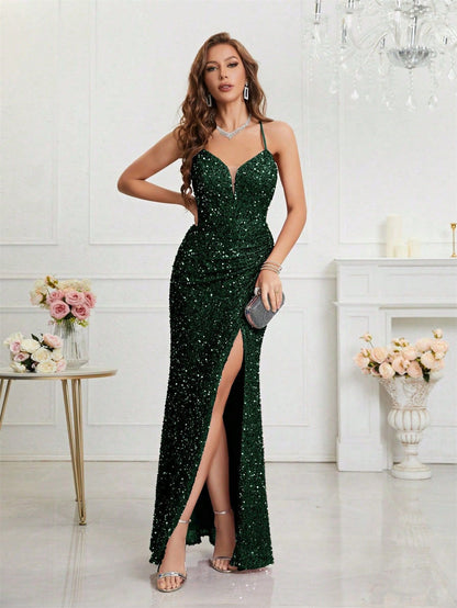 Banquet Temperament Slim Fit Daily V-neck Sequins Dress