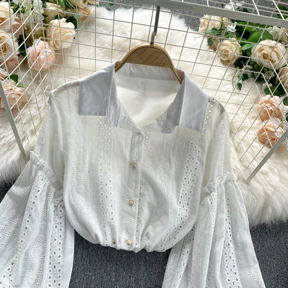 Embroidered Bubble Sleeve Shirt With Cut-out Ear - Ear Edge