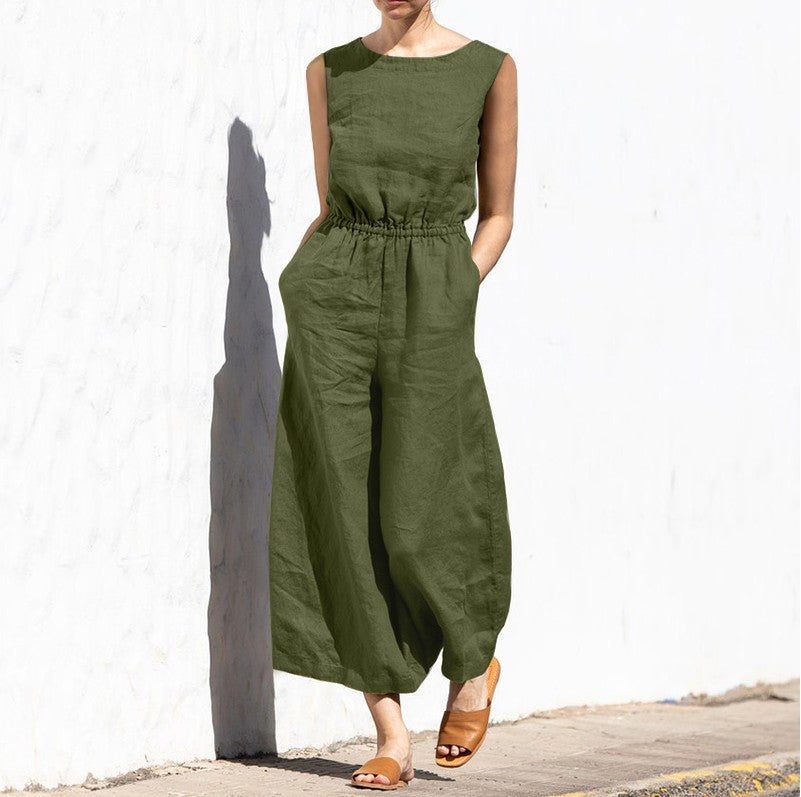 Solid Color Crew Neck Loose Casual Jumpsuit