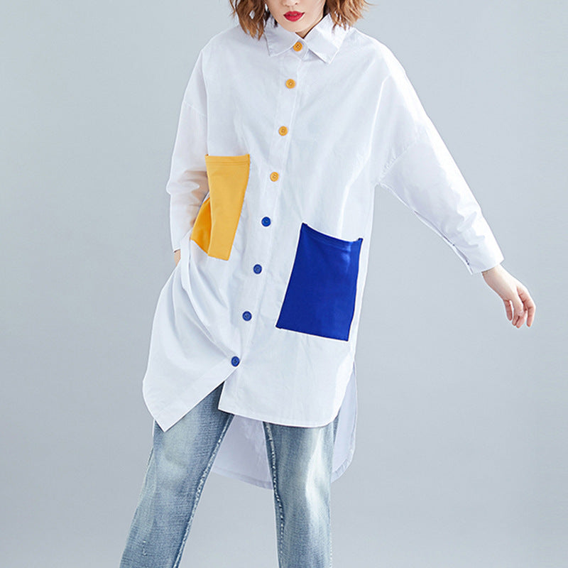 Women's Patch Large Pocket Irregular Shirt