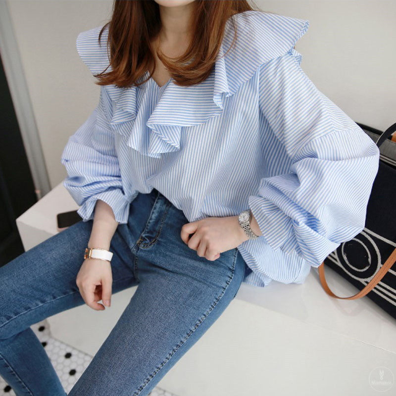 Loose And Thin V-neck Shirt With Ruffled Pullover